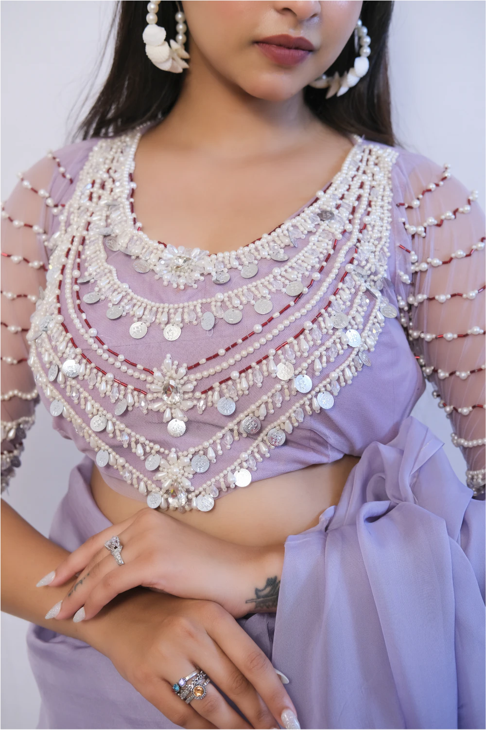 Purple organza handwork saree