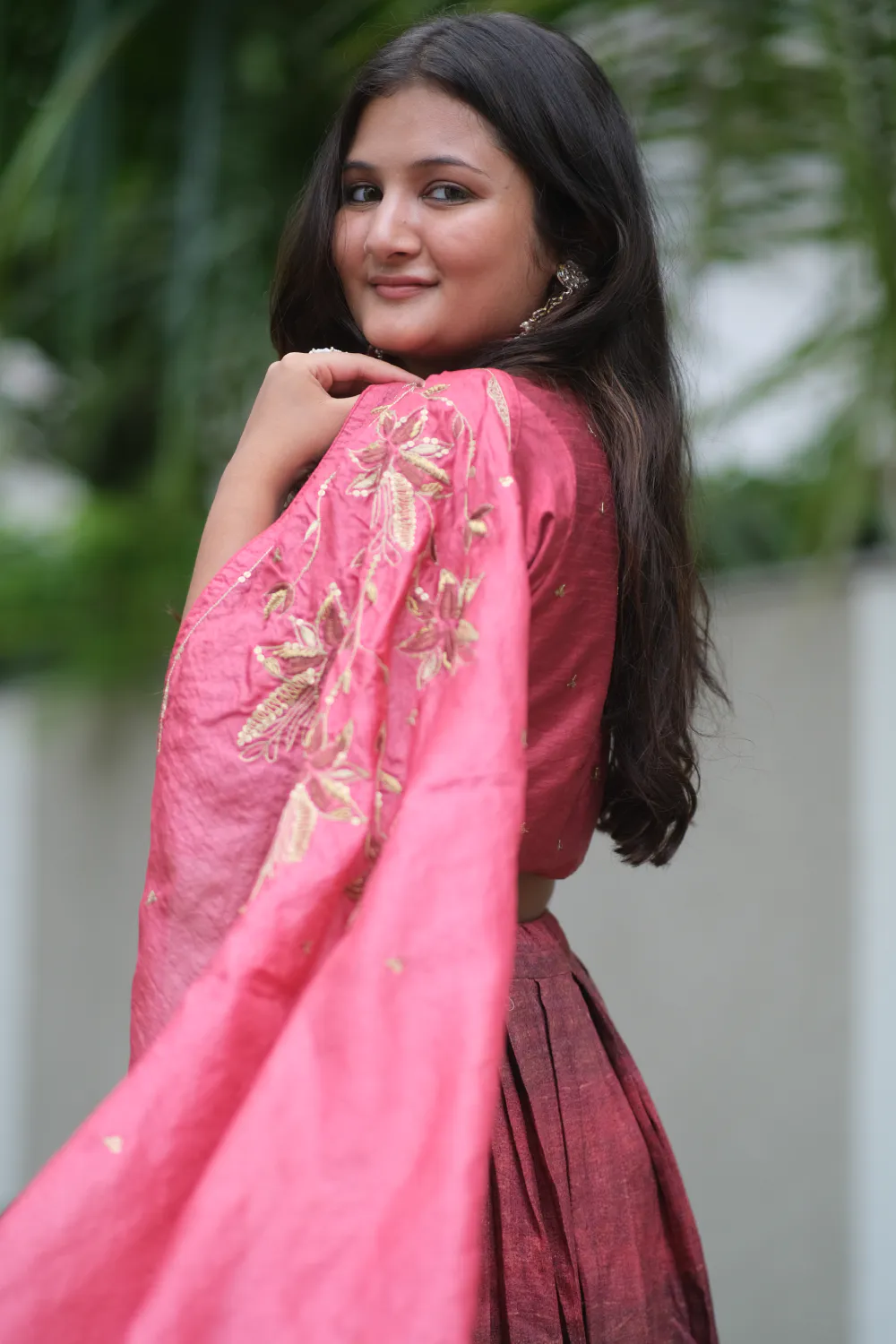 Maroon & brown pure tussar & raw silk handwork lehenga set