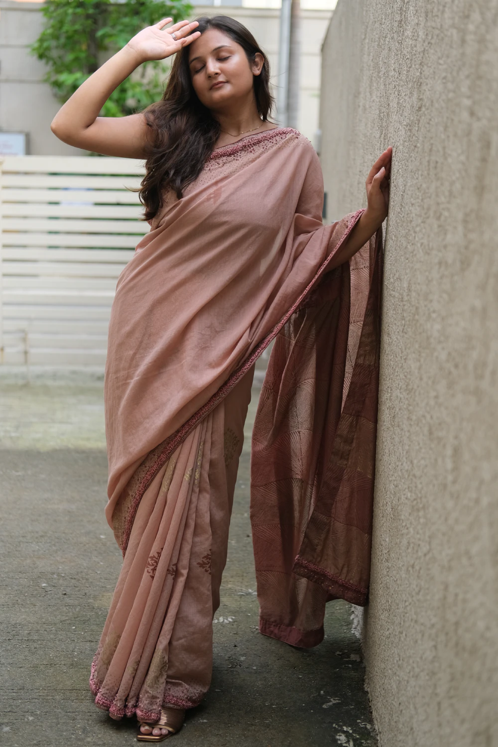 Chiku ombre dyed chanderi silk handprint & handwork saree