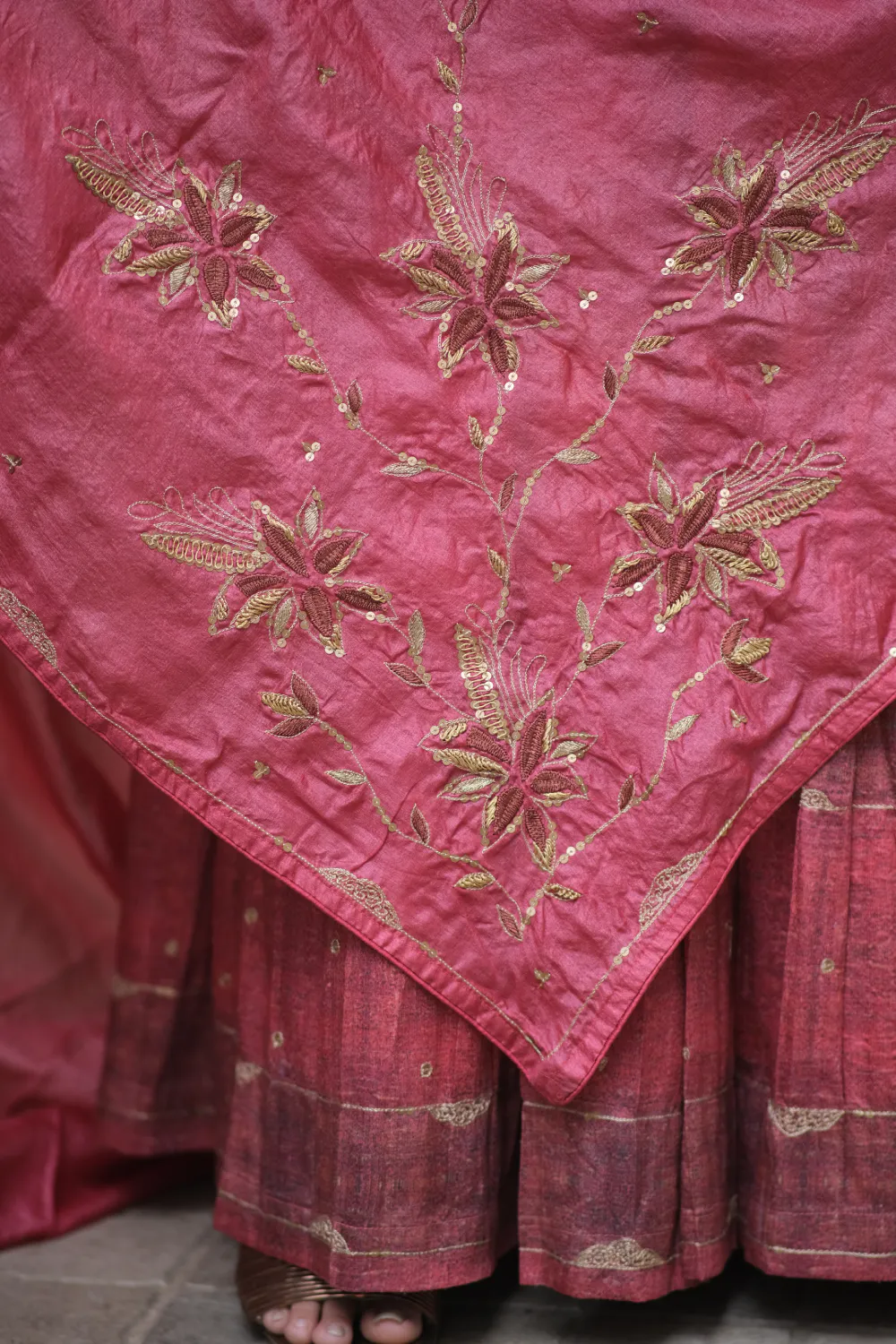 Maroon & brown pure tussar & raw silk handwork lehenga set