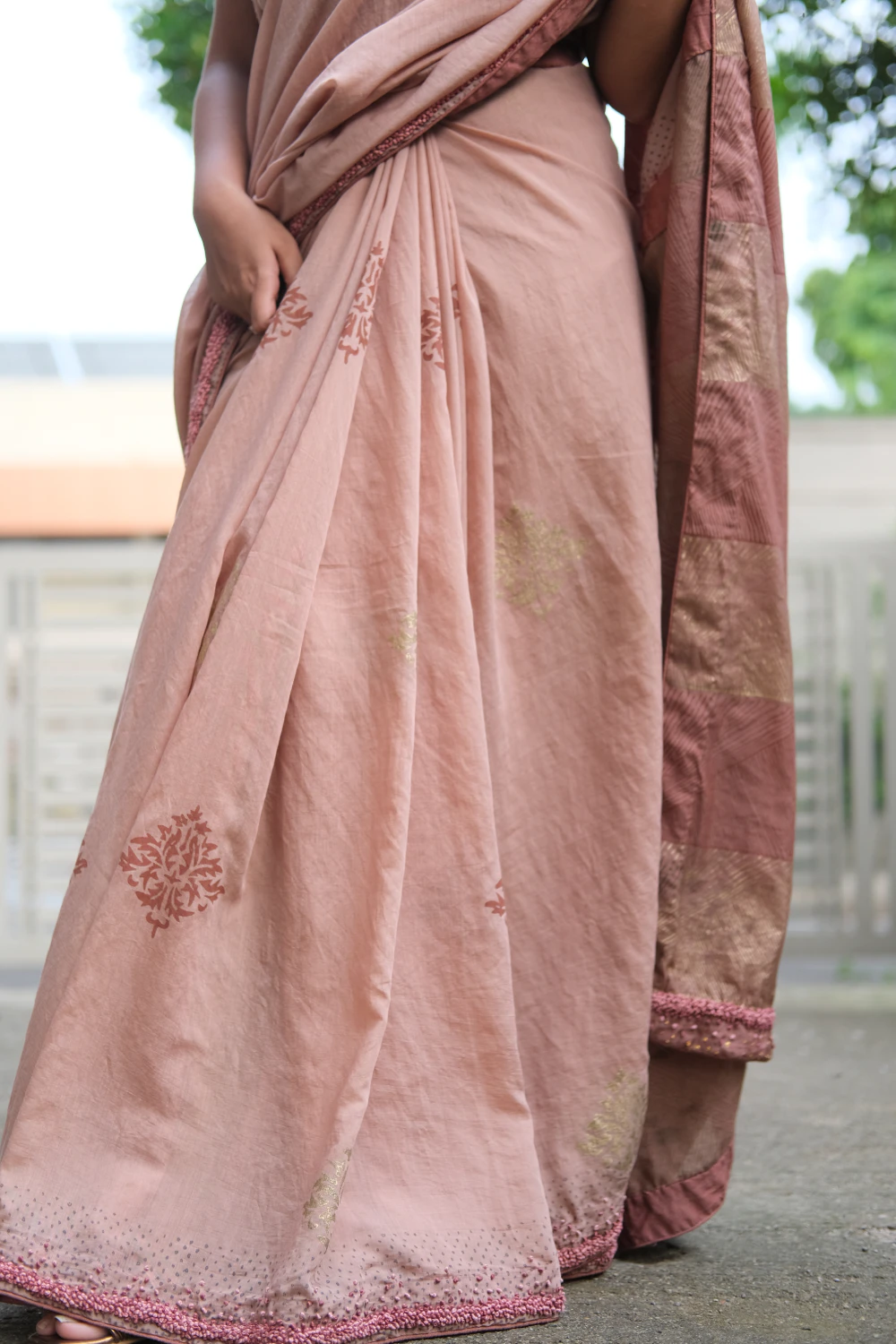 Chiku ombre dyed chanderi silk handprint & handwork saree